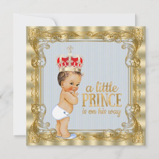 ベビーブルー金ゴールドプリンス王室のベビーシャワー 招待状 (正面)