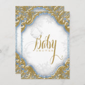 ベビーブルー金ゴールドボーイ雪片ベビシャワー 招待状 (正面/裏面)