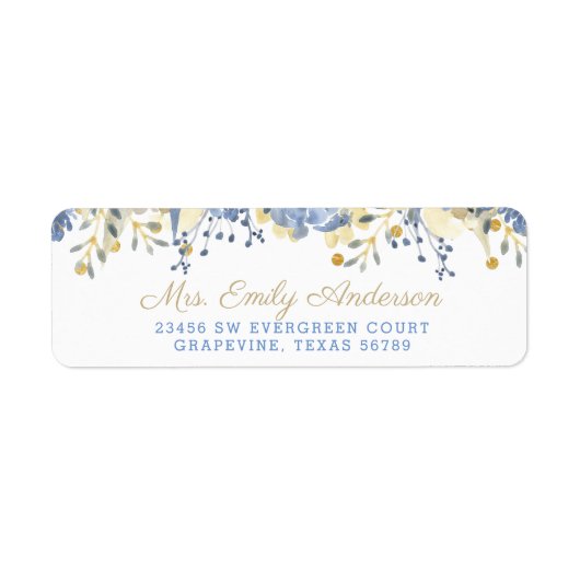 ベビーブルー金ゴールド水彩フローラ住所 シール (正面)