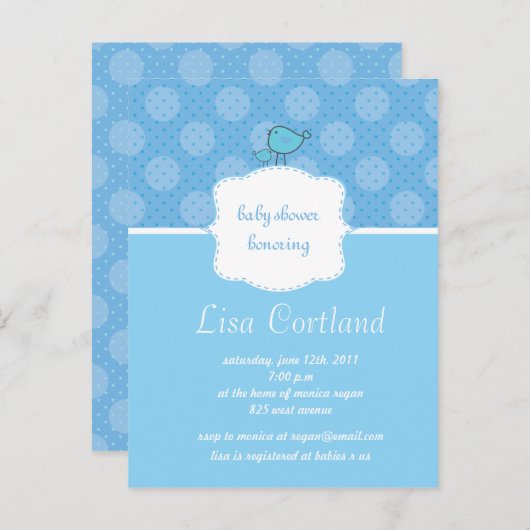ベビーブルー – かわいいドットと鳥の赤ちゃんシャワー招待状 インビテーションポストカード (正面/裏面)