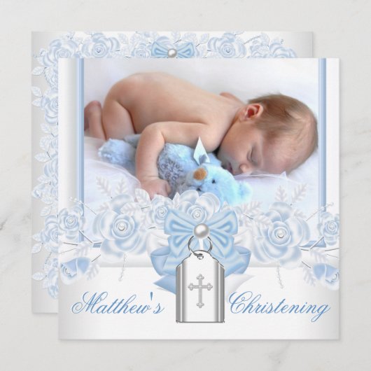ベビーブルー《キリスト教》洗礼式や命名式 招待状 (正面/裏面)