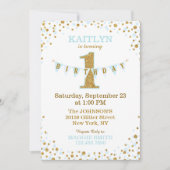 ベビーブルー ゴールド グリッター スパークル ファースト バースデー 招待状 (正面)