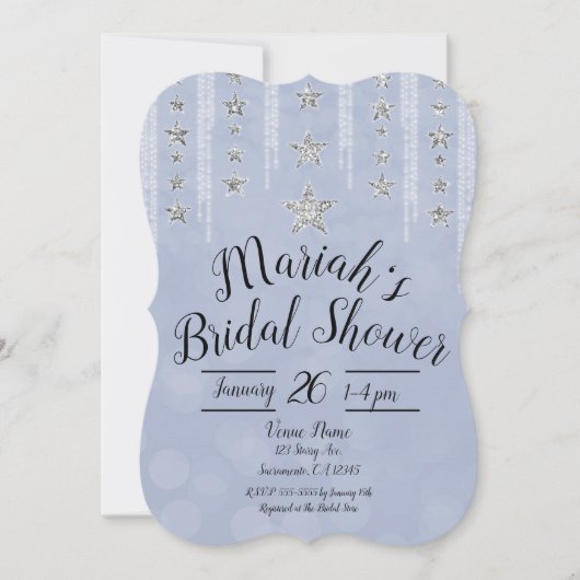 ベビーブルー&シルバーグリッタースターズブライダルシャワー 招待状 (正面)