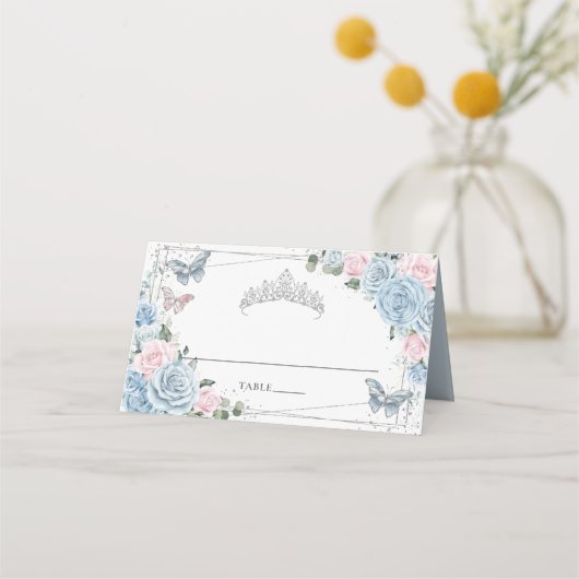 ベビーブルー ソフト ピンク フラワーバタフライ キンセアニエラ プレイスカード (正面)