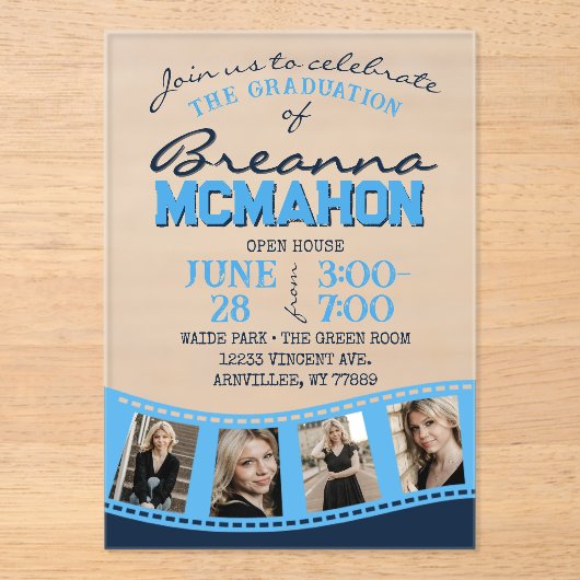 ベビーブルー&ネイビーフィルムストリップ卒業フロステッド アクリル招待状 (正面)