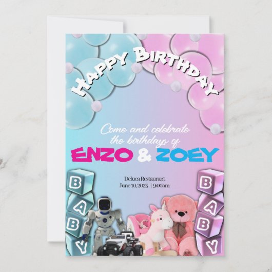 ベビーブルー&ピンクカワイツイン誕生日招待状 招待状 (正面)