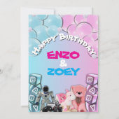 ベビーブルー&ピンクカワイツイン誕生日招待状 招待状 (裏面)