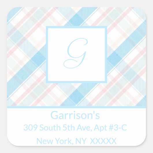 ベビーブルー&ピンクプレイド差出人住所ラベルシール スクエアシール (正面)