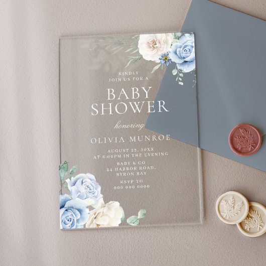 ベビーブルー&ホワイトフローラベビーシャワー アクリル招待状