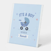 ベビーブルー ミニマリスト 男の子 ベビーシャワー 招待状 台座サイン (正面)