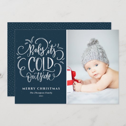ベビーブルー・メリークリスマスフォト外は寒い シーズンカード (正面/裏面)