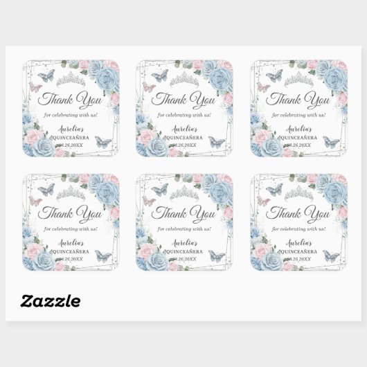 ベビーブルー ライトピンク フラワーバタフライ キンセアニエラ スクエアシール (シート)