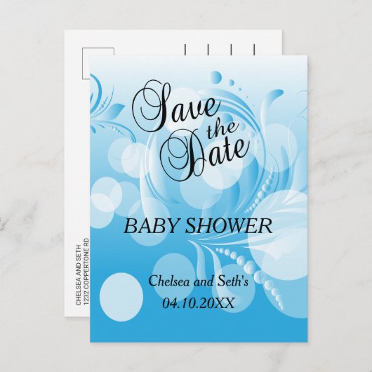 ベビーブルー《写真》ぼけ味フローリド | 男の赤ちゃんシャワー 案内ポストカード (正面/裏面)