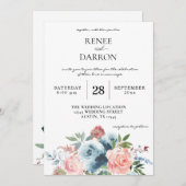 ベビーブルー&赤面ピンクフローラ結婚式招待状 招待状 (正面/裏面)