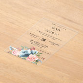 ベビーブルー&赤面ピンク結婚フローラ アクリル招待状 (レイダウン)