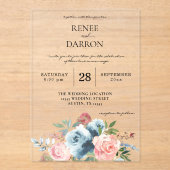 ベビーブルー&赤面ピンク結婚フローラ アクリル招待状 (正面)