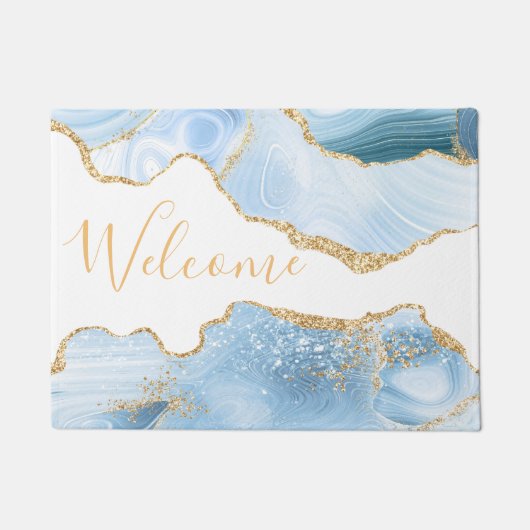 ベビーブルー&金ゴールドフェイクグリッター大理石ゲート ドアマット (正面)