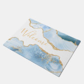 ベビーブルー&金ゴールドフェイクグリッター大理石ゲート ドアマット (アングル)