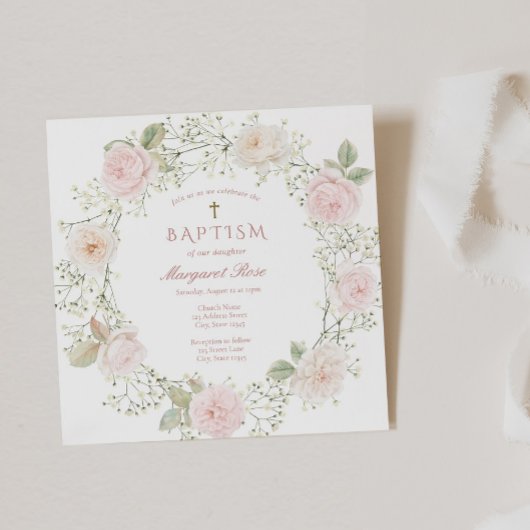 ベビーブレスアンドピンクローズガールバプテスマ招待状 招待状