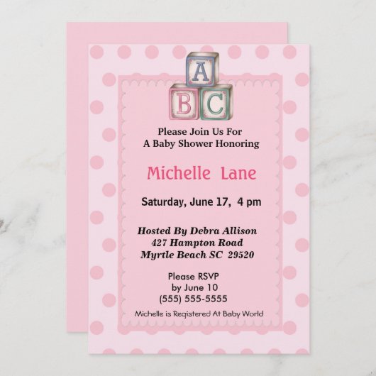ベビーブロックガールシャワー招待状 招待状 (正面/裏面)