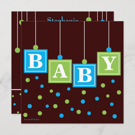 ベビーブロックスブルーグリーンボーイベビーシャワー 招待状 (正面/裏面)