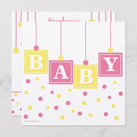 ベビーブロックピンクイエローガールベビーシャワー 招待状 (正面/裏面)