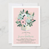 ベビーブロックフラワーピンクのミントベイビーシャワー 招待状 (正面)