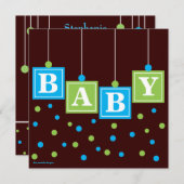 ベビーブロックブルーグリーンボーイ赤ちゃんシャワー 招待状 (正面/裏面)