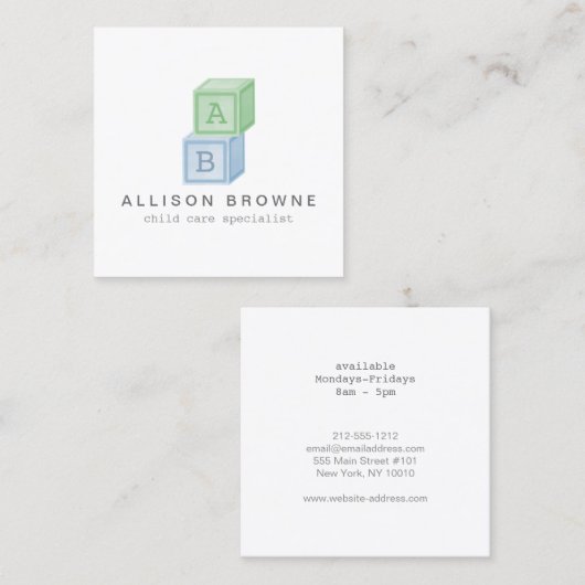 ベビーブロックモノグラムベビーシッター緑/青 スクエア名刺 (正面/裏面)