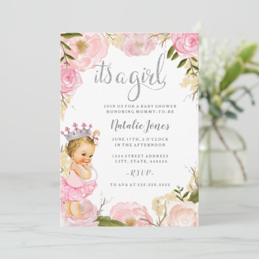 ベビープリンセス女の子ピンクのバラ赤ちゃんシャワー 招待状 (スタンド正面)