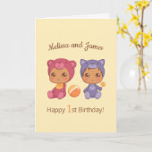 ベビーベアキャットツインズファースト誕生日名空白の2 カード (黄色い花)