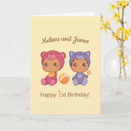 ベビーベアキャットツインズファースト誕生日名空白の2 カード (黄色い花)