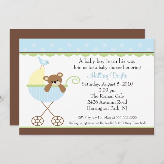 ベビーベアキャリッジボーイベビーシャワー招待状 招待状 (正面/裏面)