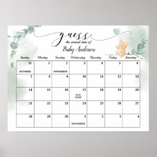 ベビーベアシャワー推定期日カレンダー ポスター