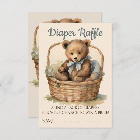 ベビーベアーキュブボーイ赤ちゃんシャワーおむつラッフル エンクロージャーカード (正面/裏面)