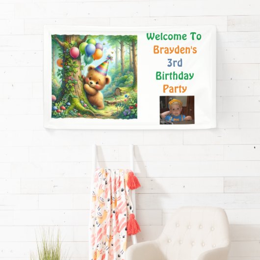 ベビーベアーキューブウッドランドをテーマにした誕生日パーティー 横断幕 (インサイチュ)