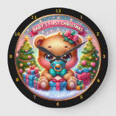 ベビーベアークリスマスウィズギフトデコールホリデイテーマ ラージ壁時計 (正面)