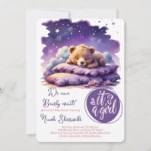 ベビーベアースリーピングパープル銀河系ガールベビーシャワー 招待状 (正面)