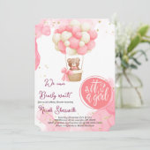 ベビーベアーピンク金ゴールドホットエアバルーンベビーシャワー 招待状 (スタンド正面)