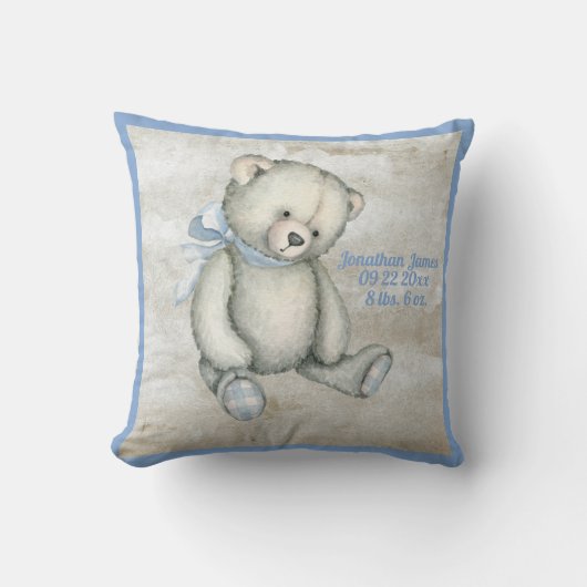 ベビーベアーブルーリボン水彩男の赤ちゃんヴィンテージ クッション (正面)