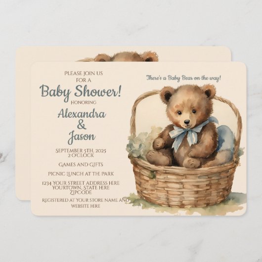 ベビーベアーボーイズ赤ちゃんシャワー 招待状 (正面/裏面)