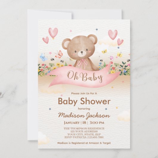 ベビーベアーワイルドフラワーガールズベビーシャワー 招待状 (正面)