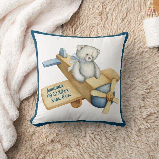 ベビーベア飛行機水彩男の赤ちゃんヴィンテージ クッション (ブランケット)