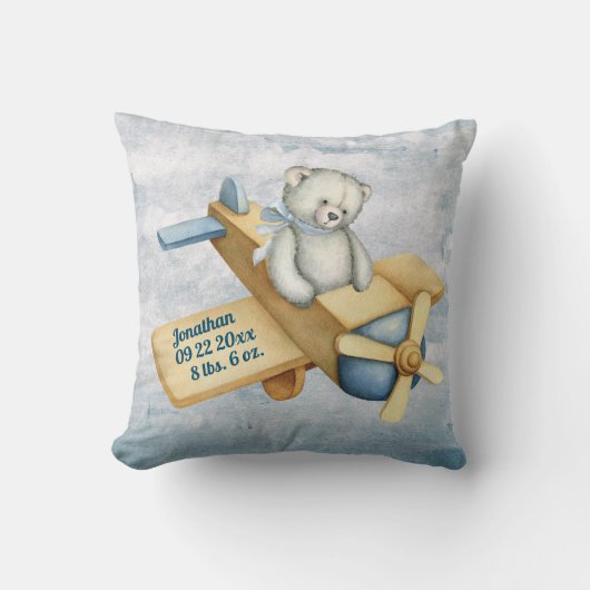 ベビーベア飛行機水彩男の赤ちゃんヴィンテージ クッション (正面)