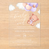 ベビーベア,かわいいクマ,紫色の風船,赤ちゃんシャワー アクリル招待状 (正面)
