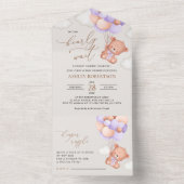 ベビーベア，かわいいクマ，紫色の風船，赤ちゃんシャワー オールインワン招待状 (内側)