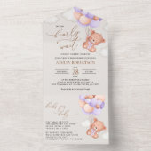 ベビーベア，かわいいクマ，紫色の風船，赤ちゃんシャワー オールインワン招待状 (内側)