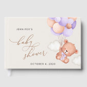 ベビーベア，かわいいクマ，紫色の風船，赤ちゃんシャワー ゲストブック (正面)