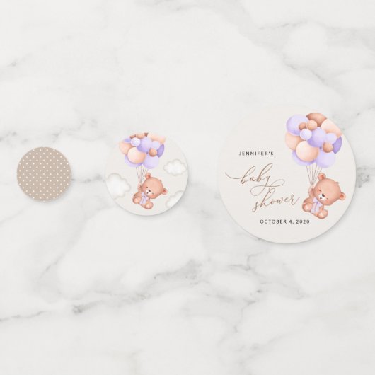 ベビーベア,かわいいクマ,紫色の風船,赤ちゃんシャワー コンフェッティ (正面)