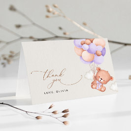 ベビーベア，かわいいクマ，紫色の風船，赤ちゃんシャワー サンキューカード
